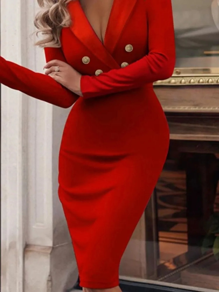 Sexy Deep Vneck Longsleeved Slim Dress For Women Autumn Winter Fashion Solid Color Office Ladiy Button Hip Dresses Female 251029