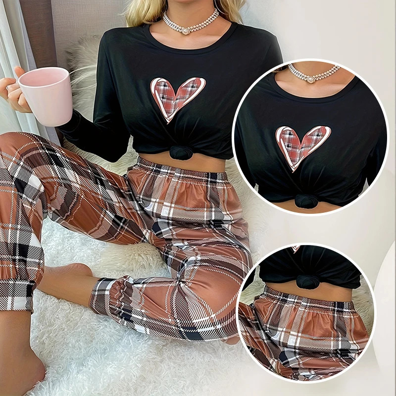 TwoPiece Long Sleeved Sleepwear Set with Printed Heart Top and Plaid Loose Pants Soft Casual Womens Home 251029