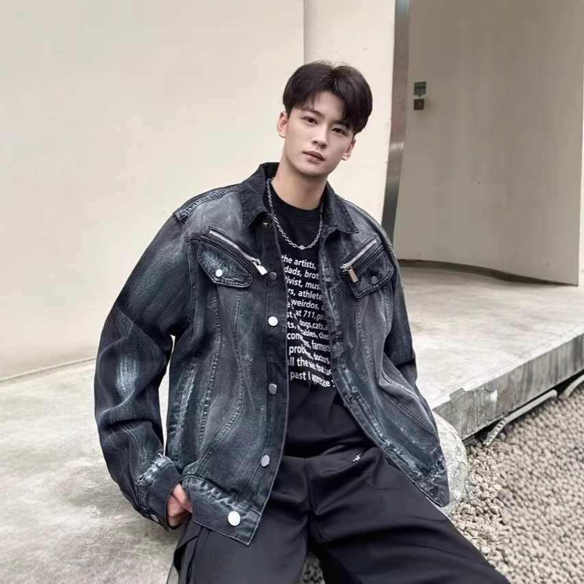 Trendy High Street Tie-dye Denim Jacket For Men American Casual Zipper Designer Jacket Design Cool Loose Workwear Jacket