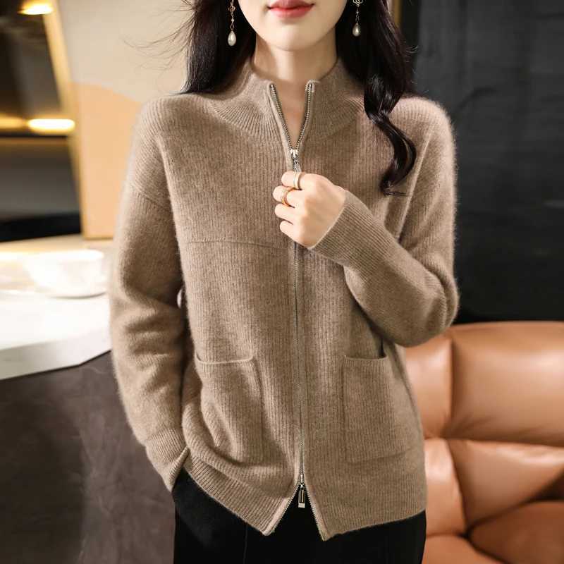 Women 100 Merino Wool Sweater Halfhigh Collar Cardigan AutumnWinter Thickening Tops Cashmere Double Zipper Knitting JacketT251028