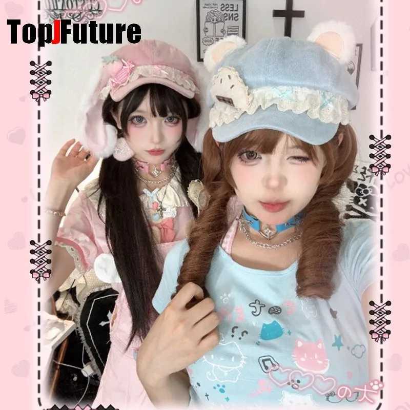 Y2K Womens Bear Ear Ballet Style Beret Dark Gothic Lolita Japanese Trend Neutral Black Painter Hat Octagonal Cap for Cosplay