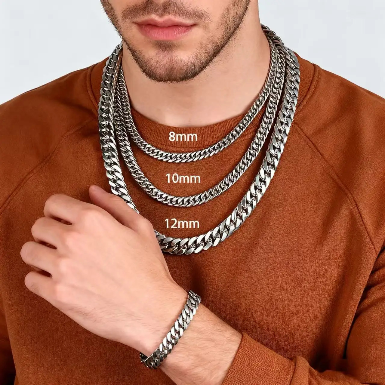 Stainless Steel Cuban Link Silver Color Chain Necklace For Men Gift Hip Hop Street Jewelry Accessories 8101214MM Wide 251029