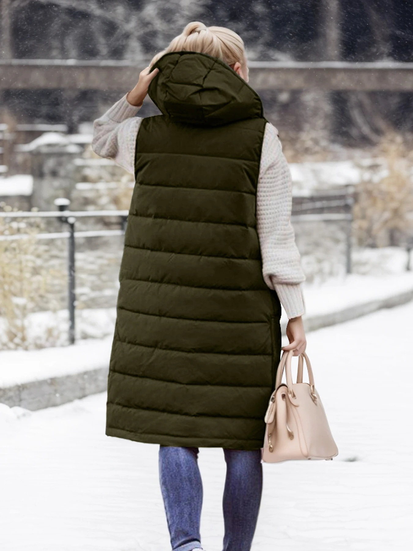 Winter Warmth Puffer Vest Soft Solid Color Sleeveless Hooded Long Vest for Women Cozy Outwear for Cold Weather 251029
