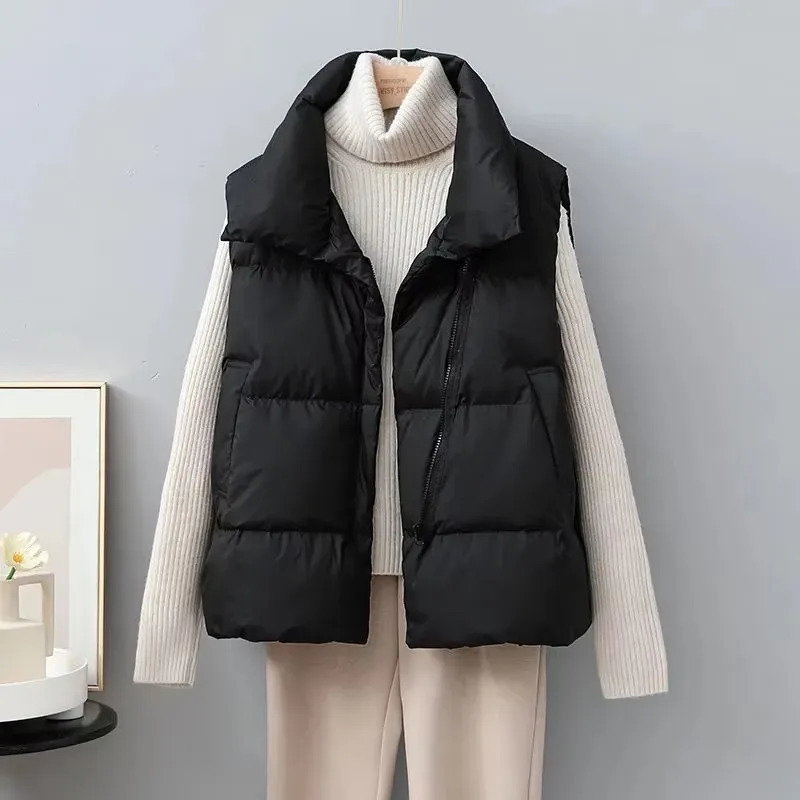 2025 Winter Warm Cropped Vest Jackets For Women Fashion Sleeveless Stand Collar Zip Up Puffer Waistcoat Street Style Outwear 251029