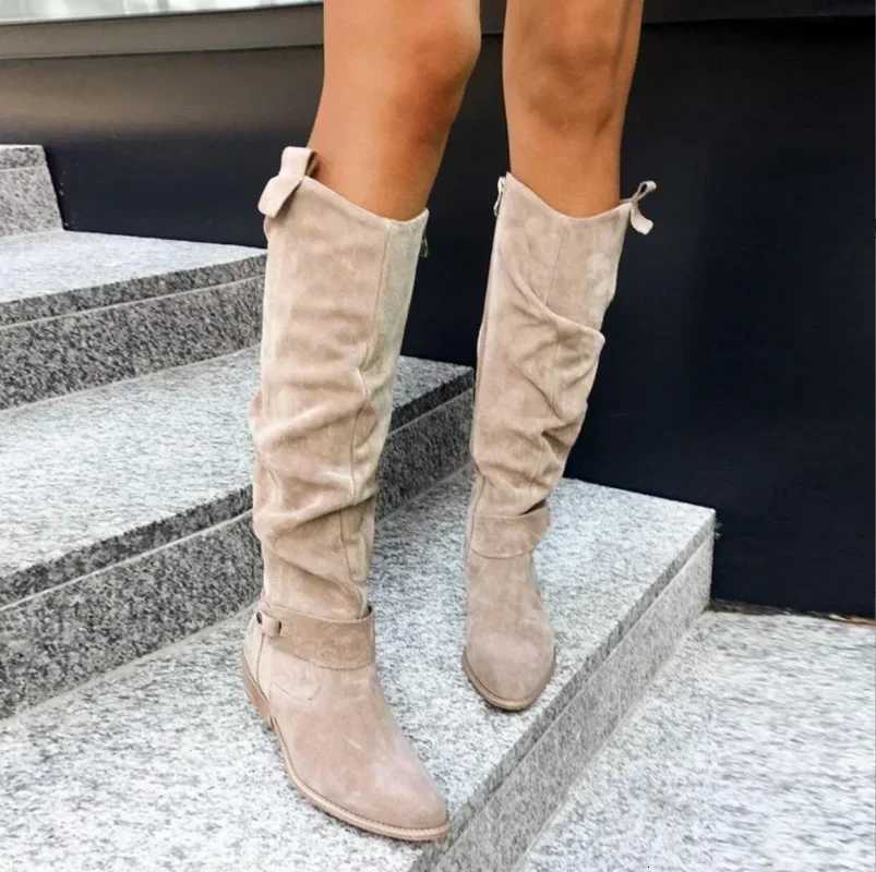 Low Heel Side Zip Size 43 Suede Thigh High Womens Boots Retro Woman Booties Autumn Winter Knee High Boots 2024 Z251029