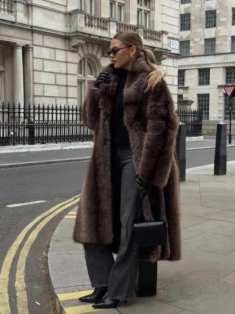 Lapel Long Faux Fur Coat For Women Solid Full Sleeve Furry Loose Jackets Fashion Ladies Winter Warm High Street Outerwear 251029