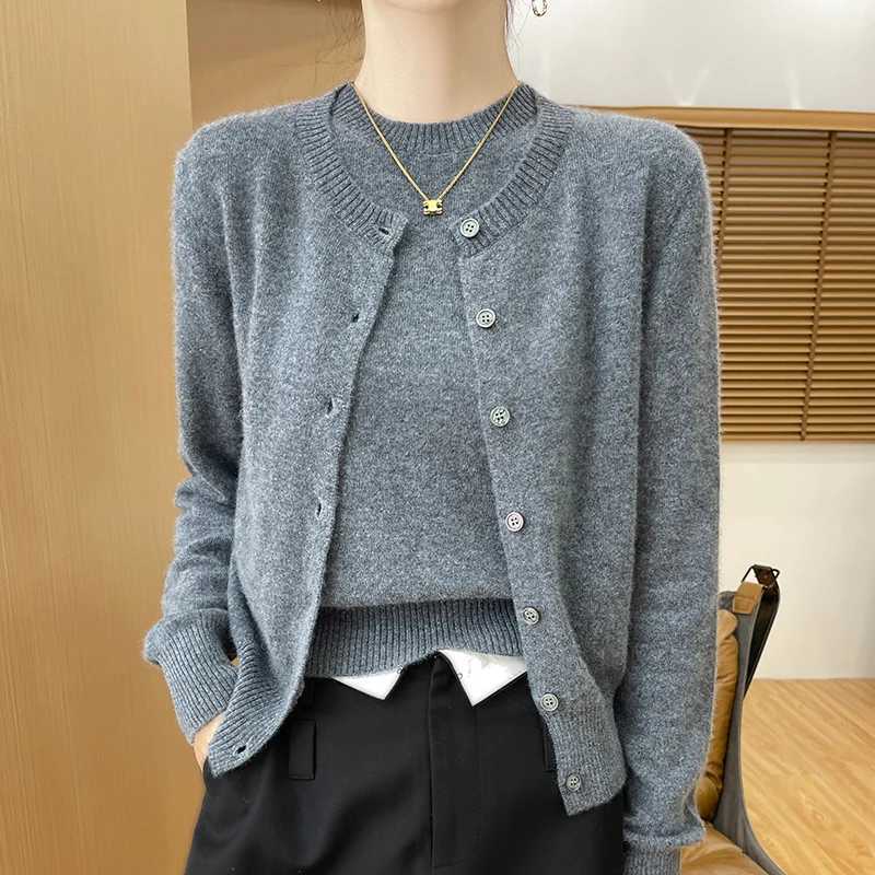 Women 100 Merino Wool Two Piece Set Sweater Oneck Long Sleeve Cardigan and Short Sleeve Pullover All Seasons Cashmere Knit TopT251028