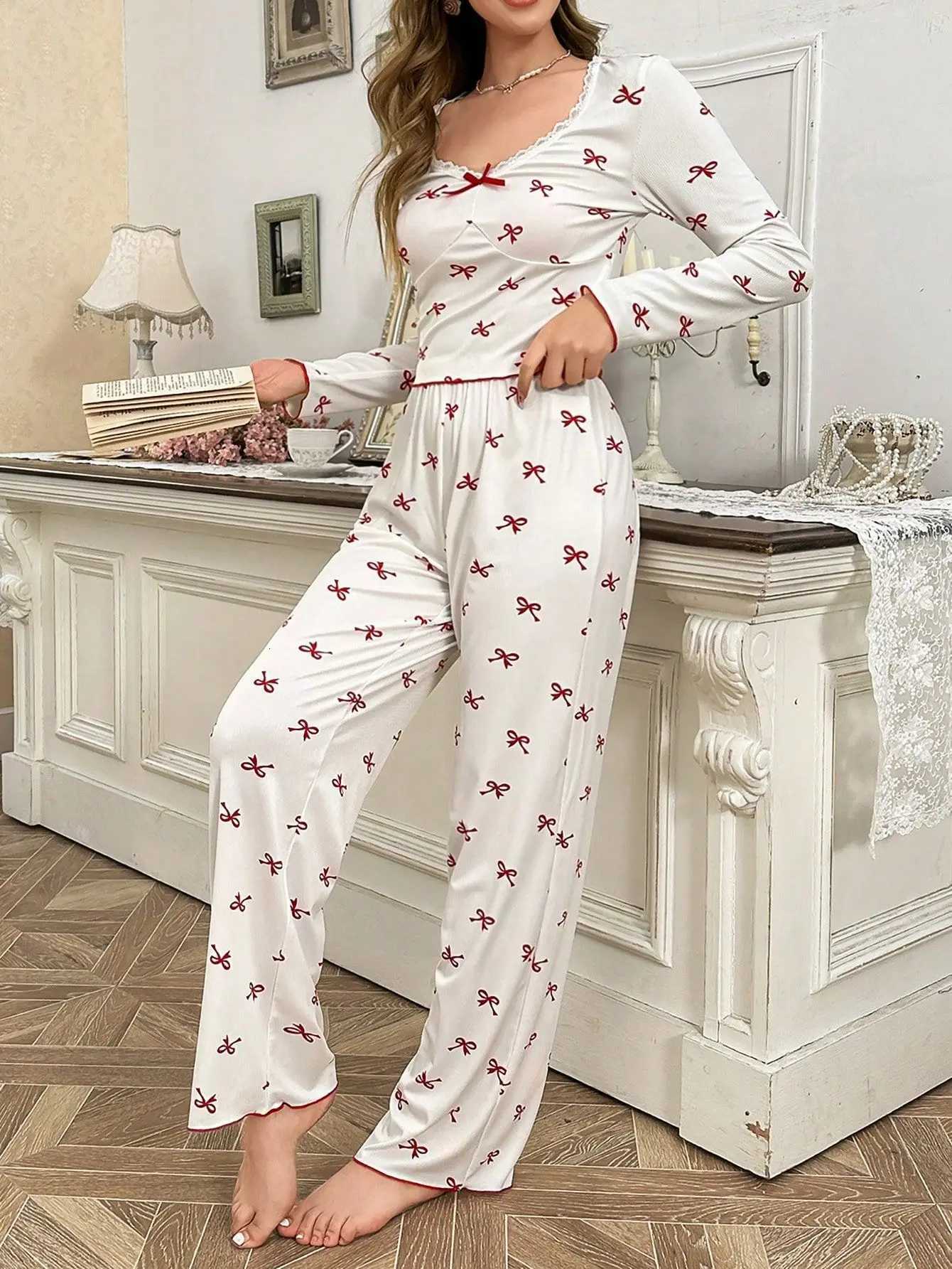 Women Winter Autumn Pajama Set Lace Trim Bows Print Long Sleeve Top FullLength Pants Sleepwear Nightwear LoungewearT251029