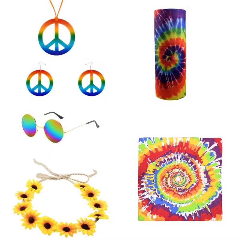 A 1960s-style five-piece set: colorful accessories, tie-dyed items and sunflower wreaths for theme parties and role-playing