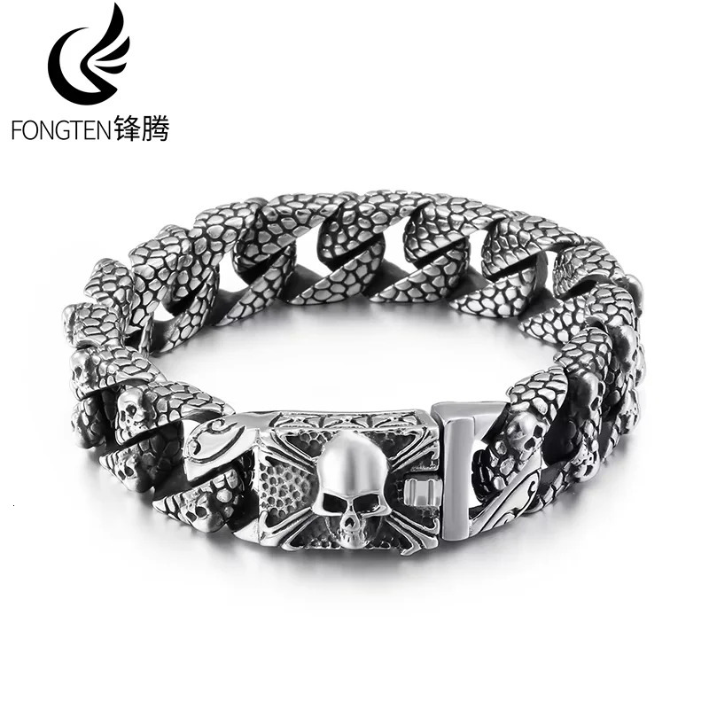 Fongten Gothic Mens Bracelets Stainless Steel Skull Franco Curb Chain Bracelet For Men Multiple Color Skeleton Armband Jewelry 251028