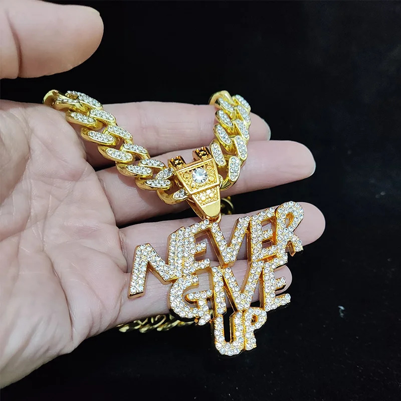 Men Women Hip Hop NEVER GIVE UP Pendant Necklace 13mm Crystal Cuban Chain HipHop Iced Out Bling Necklaces Fashion Charm Jewelry 251029