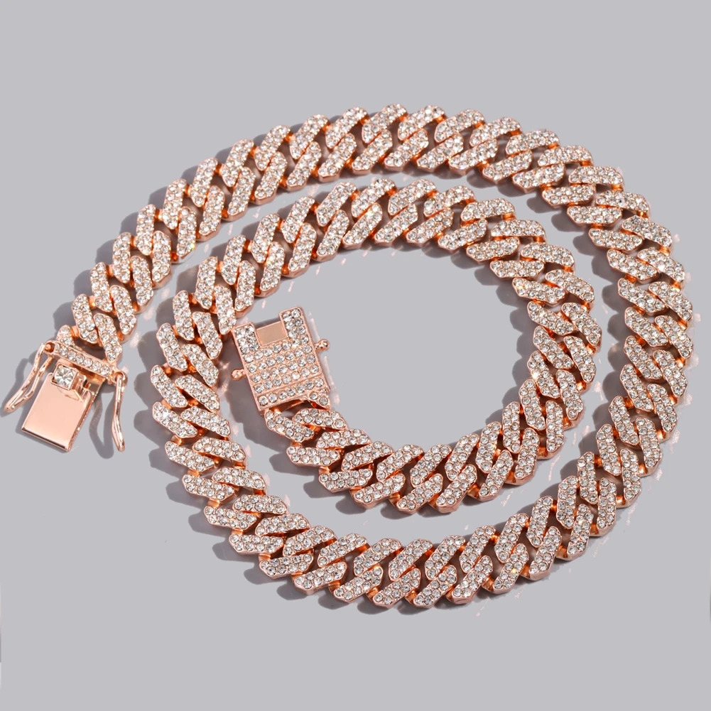 12MM Rose Gold Color Miami Cuban Link Chain Necklace Iced Out Bling Rhinestone Cuban Choker Necklace Women Men Hip Hop Jewelry 251029