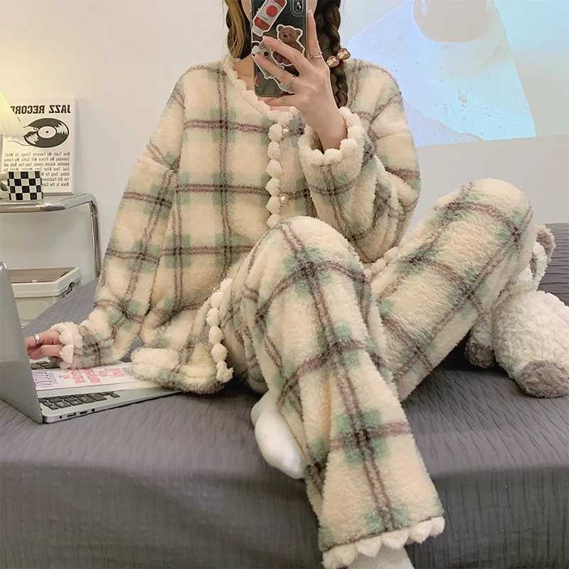 2025 New Flannel Plaid Sleepwear Women Winter Ruffles Pajama Pants Warm 2 Pieces Fluffy Button Night Wears Set Home WearT251029