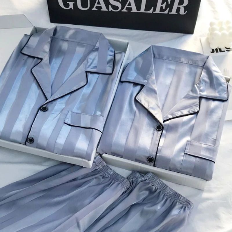 1 Set Womens Elegant Lounge Plus Size Satin Striped Button Up Short Sleeve Shirt Pants Pajamas 251029