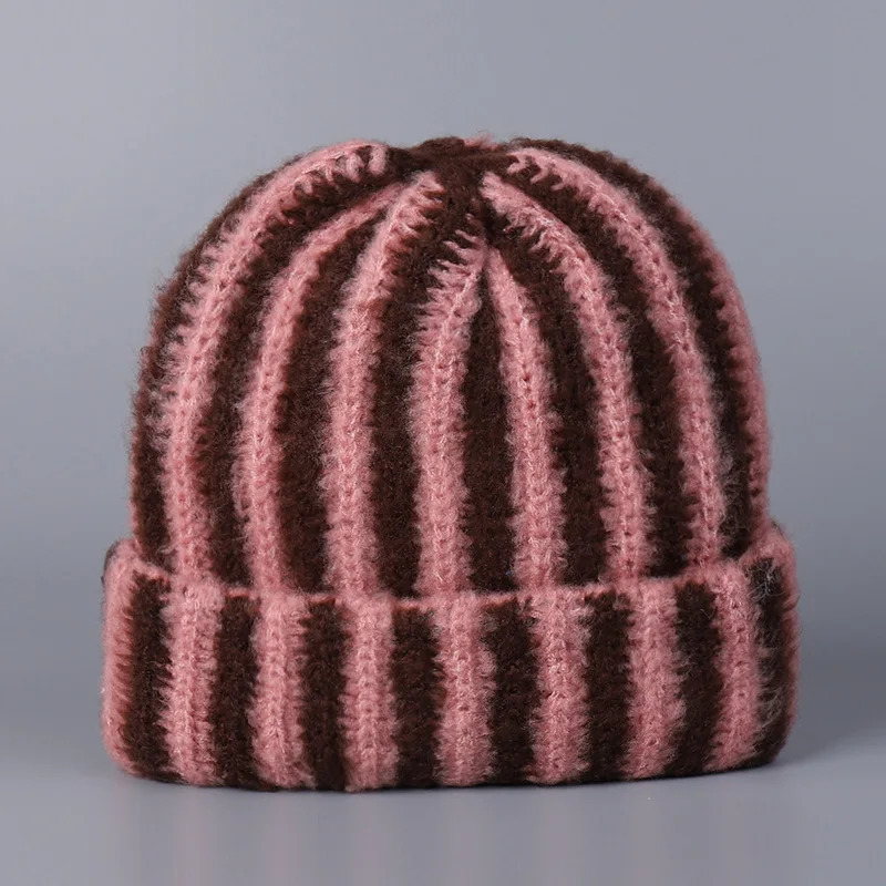 Korea 2025 Autumn and Winter Korean Feather Yarn Striped Wool Beanie Cap Women Showing Face Small Cold Knitted Cold Hat Men 251029