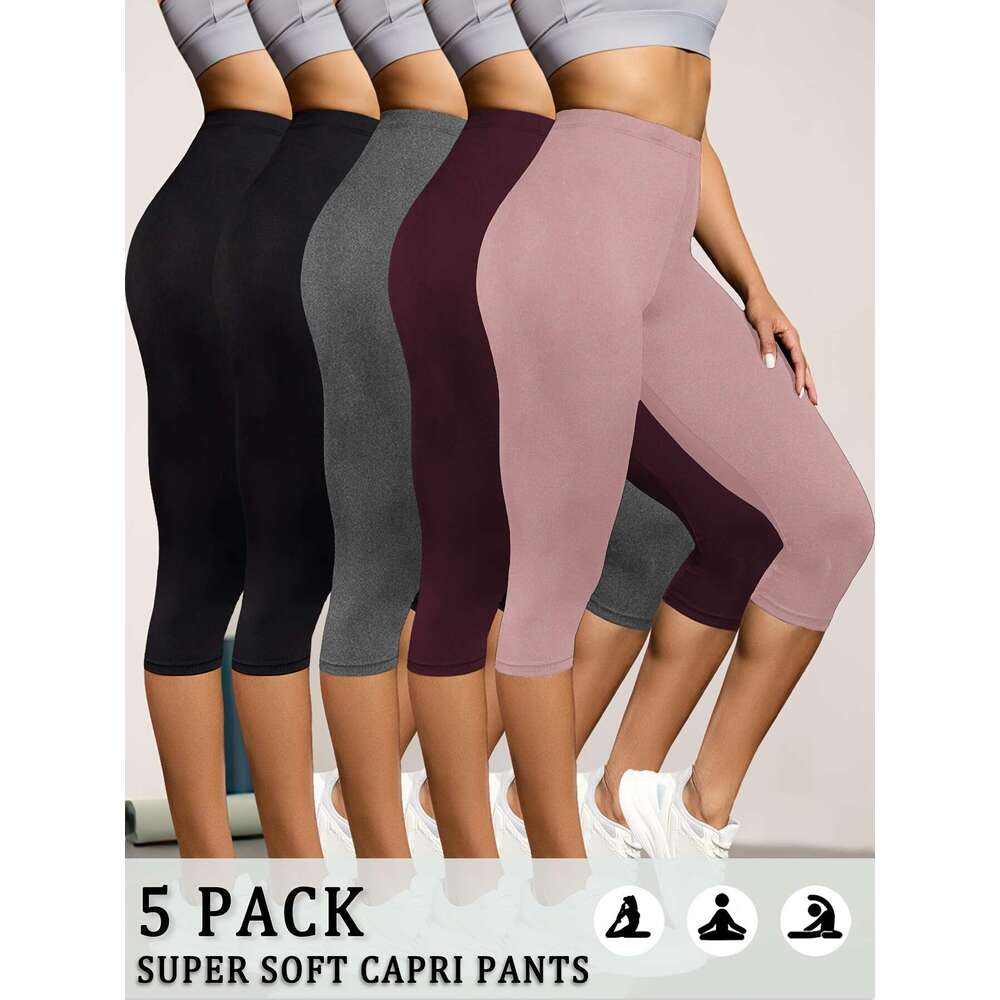 5pcs Women'S Super Soft Capri Pants, Solid Color High Stretch Athletic Leggings for Workout, Running, Yoga - Breathable & Comfortable Spring/Summ