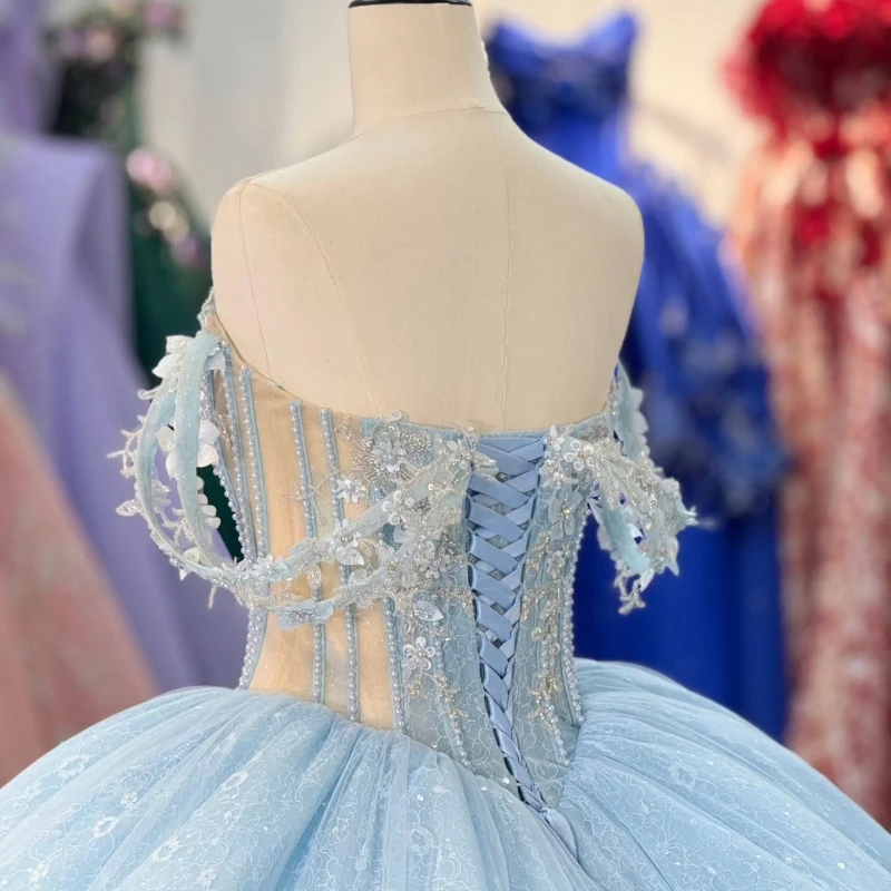 Light Blue Ball Gown Quinceanera Dresses Off The Shoulder Sequin Applique Lace Beading Tiered Tull Party Birthday Sweet 16 Dress Vestidos 15 anos