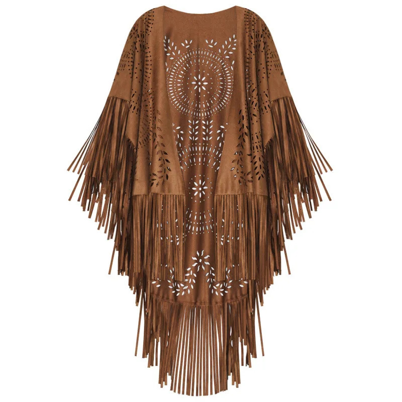 Camel Suede Floral Hollow Out Fringe Tassel Shawl Women Vintage Capes Ponchos Autumn Bohemian cardigan Cloak Boho Capes 251029