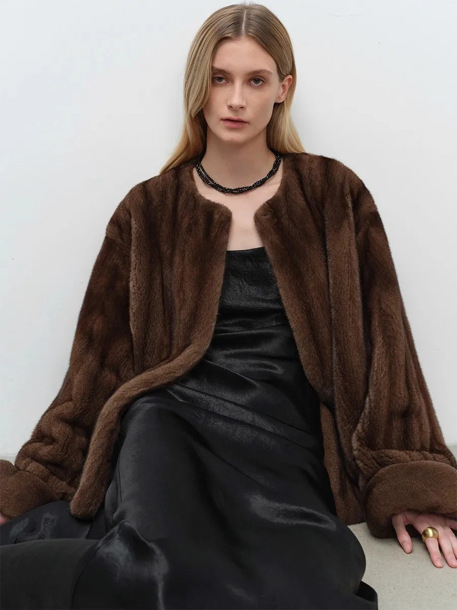 Lautaro Autumn Winter Short y Elegant Thick Warm Soft Brown Faux Mink Fur Coat Women Long Sleeve Modern Chic Fluffy Jacket 251028