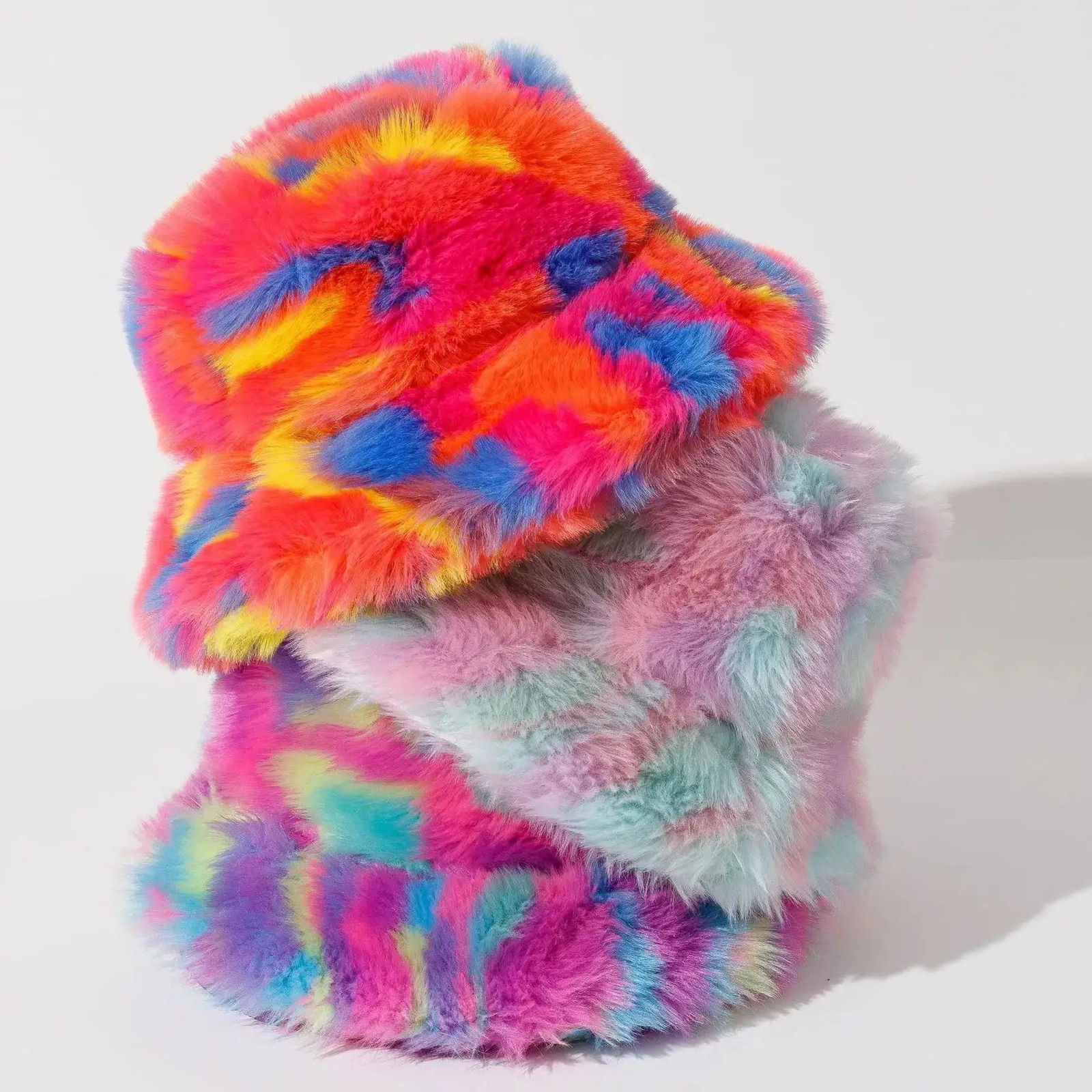 rainbow flat roof Fashion Autumn Winter Leopard Fur Bucket Hat ball Plush Fisherman Soft Warm Thick Basin Hats 251013