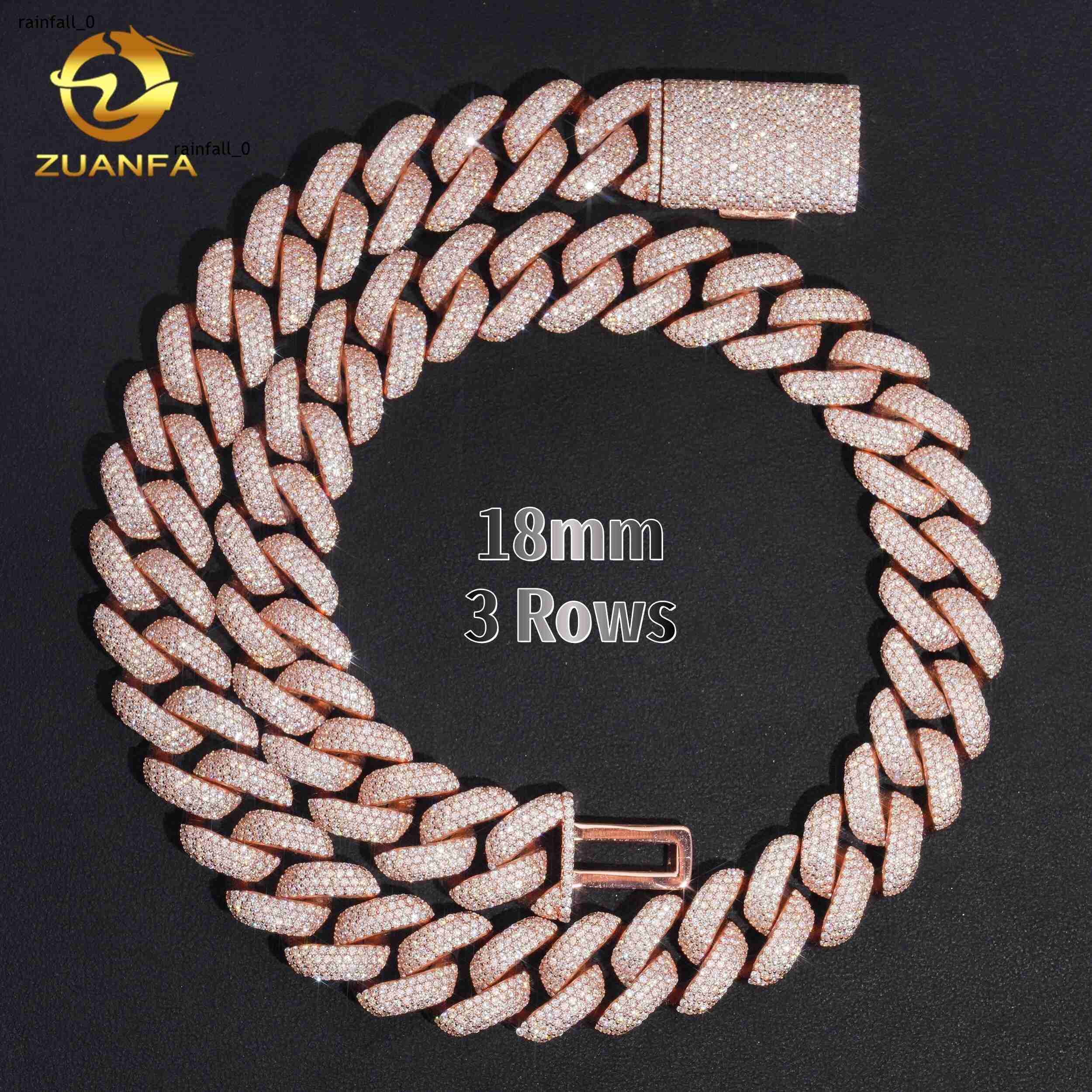 Zuanfa Rose Gold Plated Heavy 18mm Moissanite Cuban Chain Iced Out Necklace 925 Solid Silver Cuban Link Chain