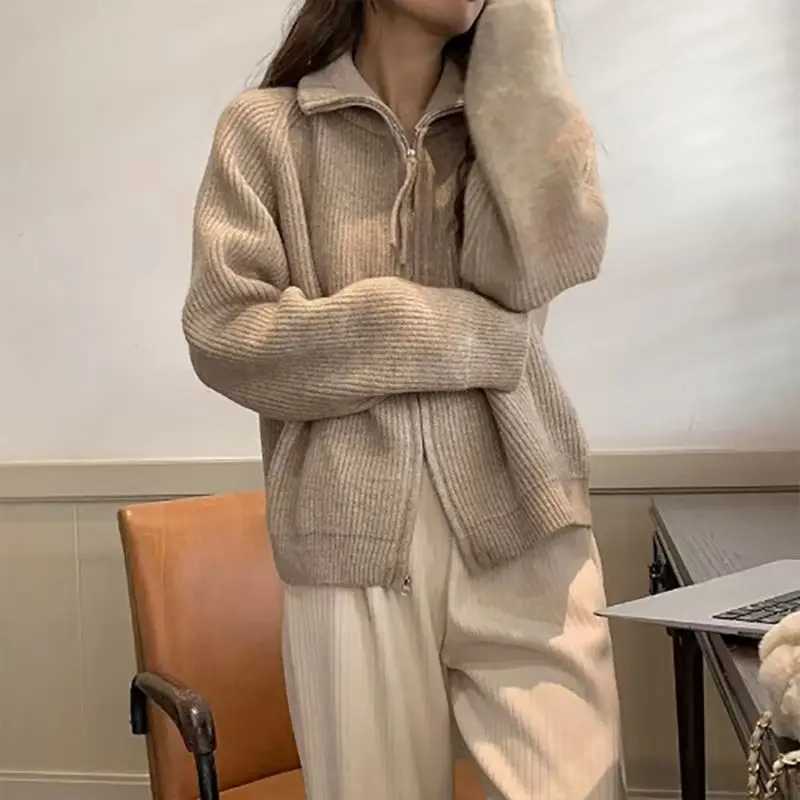 Lapel Double Zipper Sweater for Women in Spring and Autumn New Lazy Style Sweater Cardigan Stand Collar JacketT251028