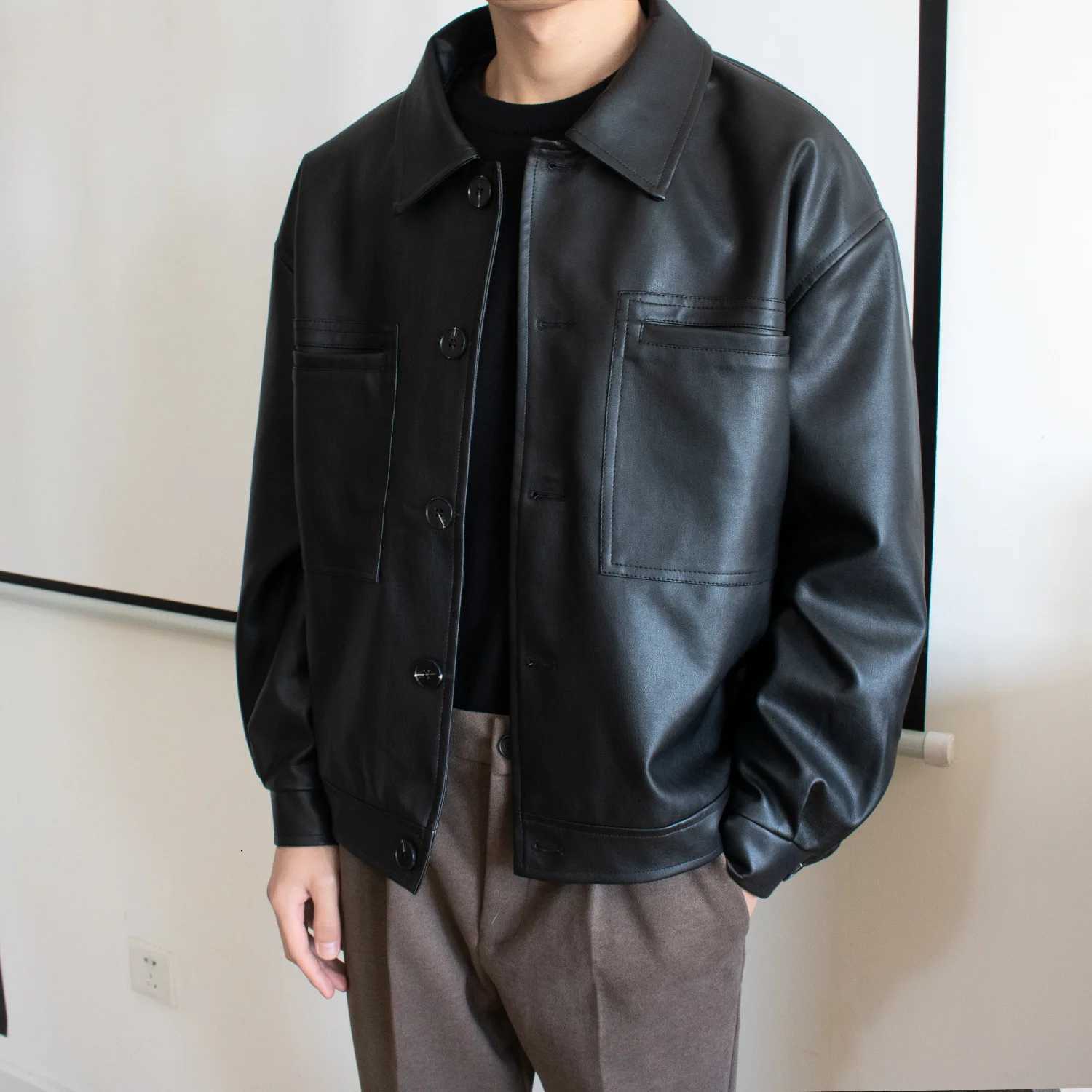 Spring Autumn Korean Style New Fashion Mens Turndown Collar Long Sleeve Breasted Solid Color Faux Leather Coats Male JacketsT251029