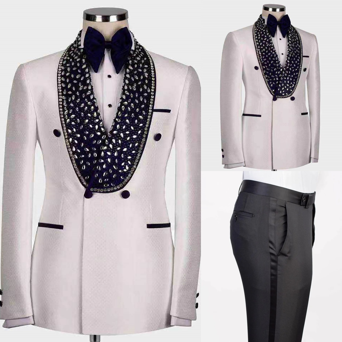 Luxury Suits Men Crystals Beaded Shawl Lapel Prom Jacket Customized 2 Pieces Formal Party Groom Wedding Tuxedos costumes homme