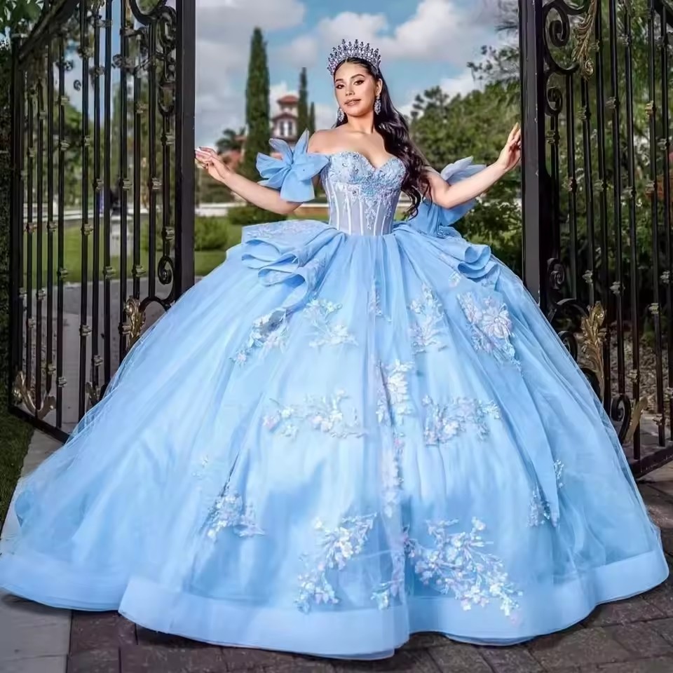 Princess Sky Blue Quinceanera Dress for Girls Off-Shoulder Corset Ball Gown Applique Customizable 15th Birthday Vestido De