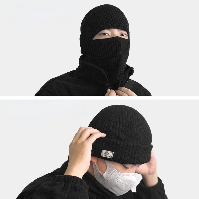 2 in1 Winter Mask Beanies Hats Warm Knitted Balaclava Hats Windproof Solid Full Face Ski Bonnet Tactical Cycling Earmuffs Cap 251029