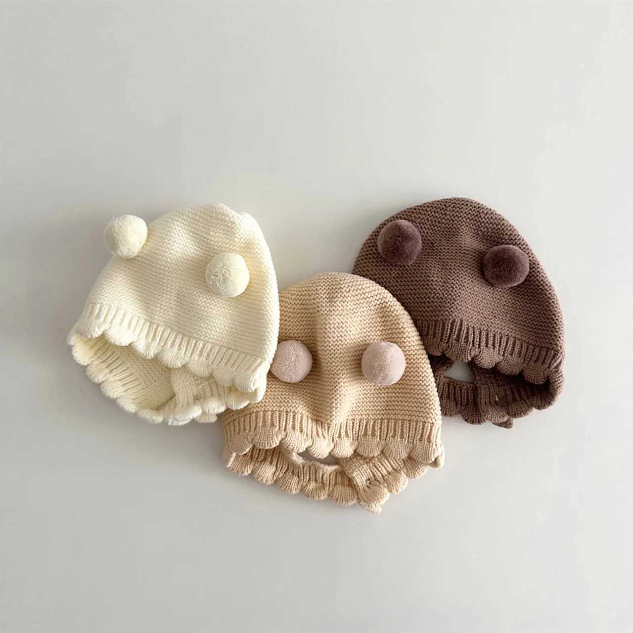 Cute Pompom Beanie Winter Warm Baby Knitted Hat 06Month Newborn Ear Protection Headgear Kids Solid Color Woolen Crochet Bonnet251028