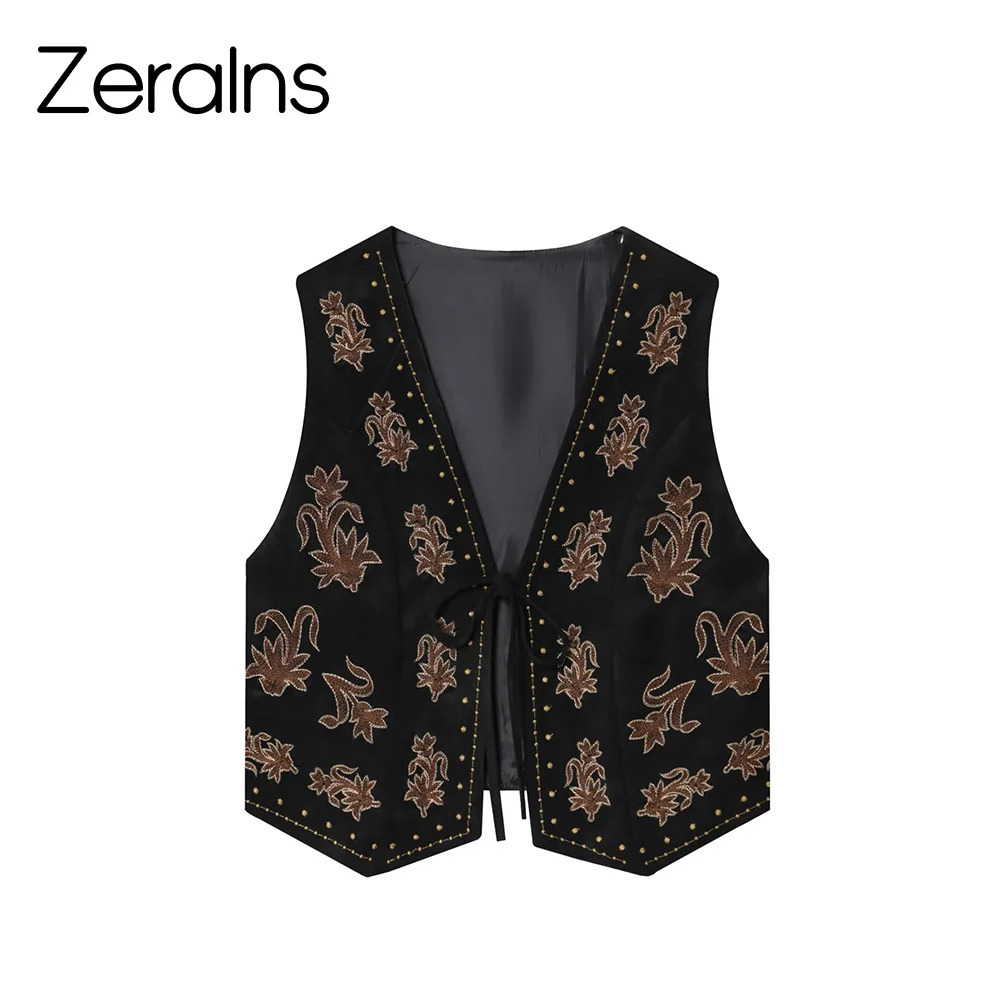 ZERAINS Autumn womens clothing European and American style bead embroidery suede texture effect vest 251029