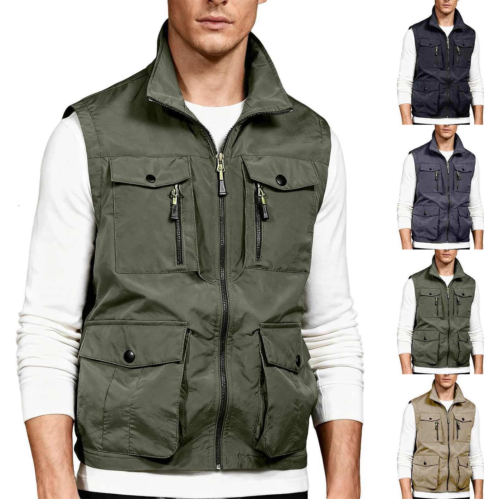 Spring And Autumn MenS Outdoor Multi Pocket Solid Color Zipper Lapel Vest Suitable For Casual Daily Wear W251029