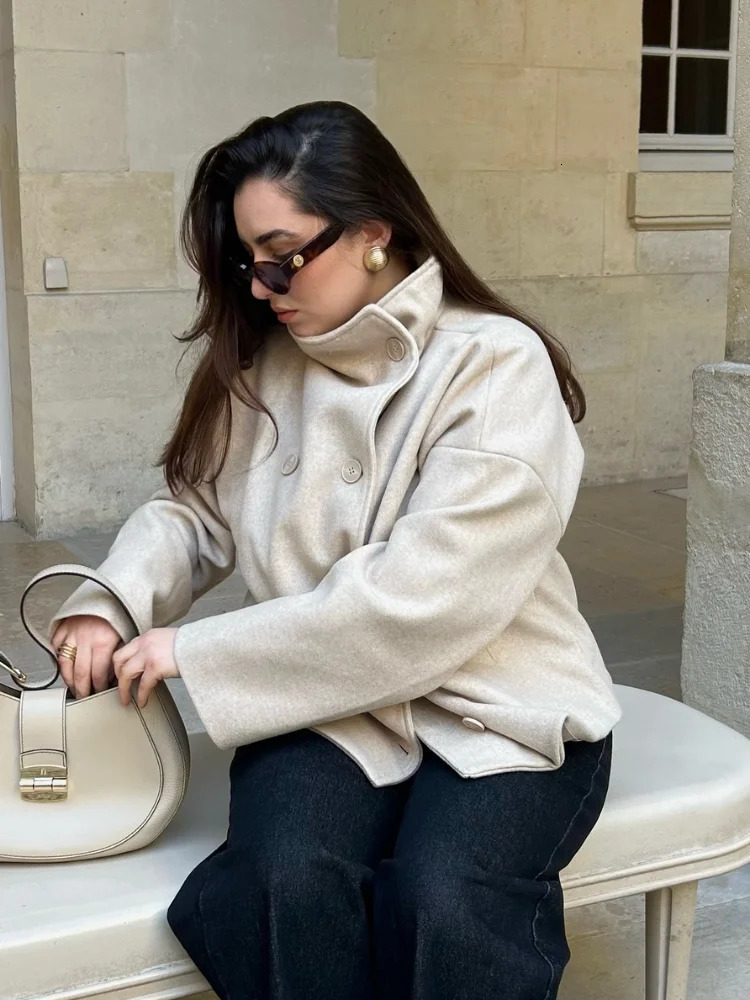 Autumn Woolen Coats Women Casual Double Breasted Stand Collar Female Office Short Jackets Chic Lady Loose Street Outwear 251028