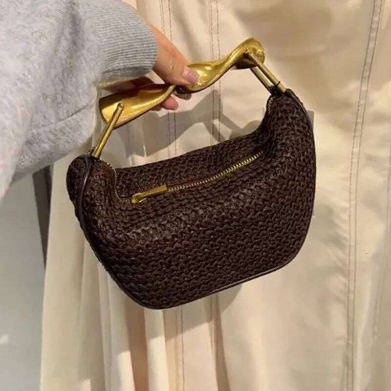 New Rattan Half-Moon Beach Shoulder Bags Women's Bucket Purse Woven Straw Handbags Casual Tote Crossbody Bag