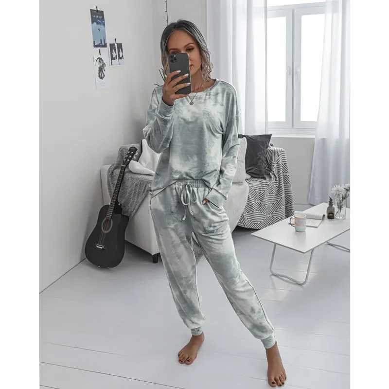 2025 Fall and Winter Womens TwoPiece Set Casual Round Neck Sportswear Ladies TieDye Printing LongSleeved Casual HomewearT251029