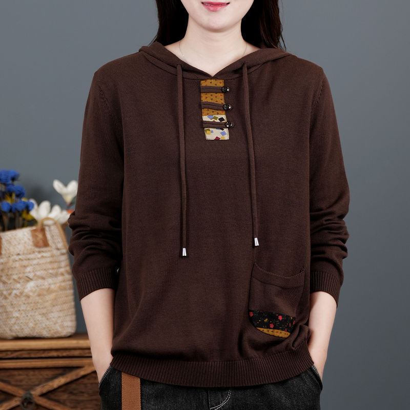 Retro designer style cotton long sleeved knitted women's sweater Spring and Autumn new hooded sweatshirt Fashion slim fit sweater