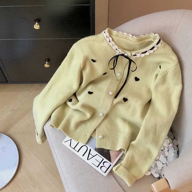 Hearts Spliced Sweater for Women Spring Autumn Harajuku Lace Patchwork Knitted Cardigan Chic Bows LaceUp Button Cardigan JacketT251028