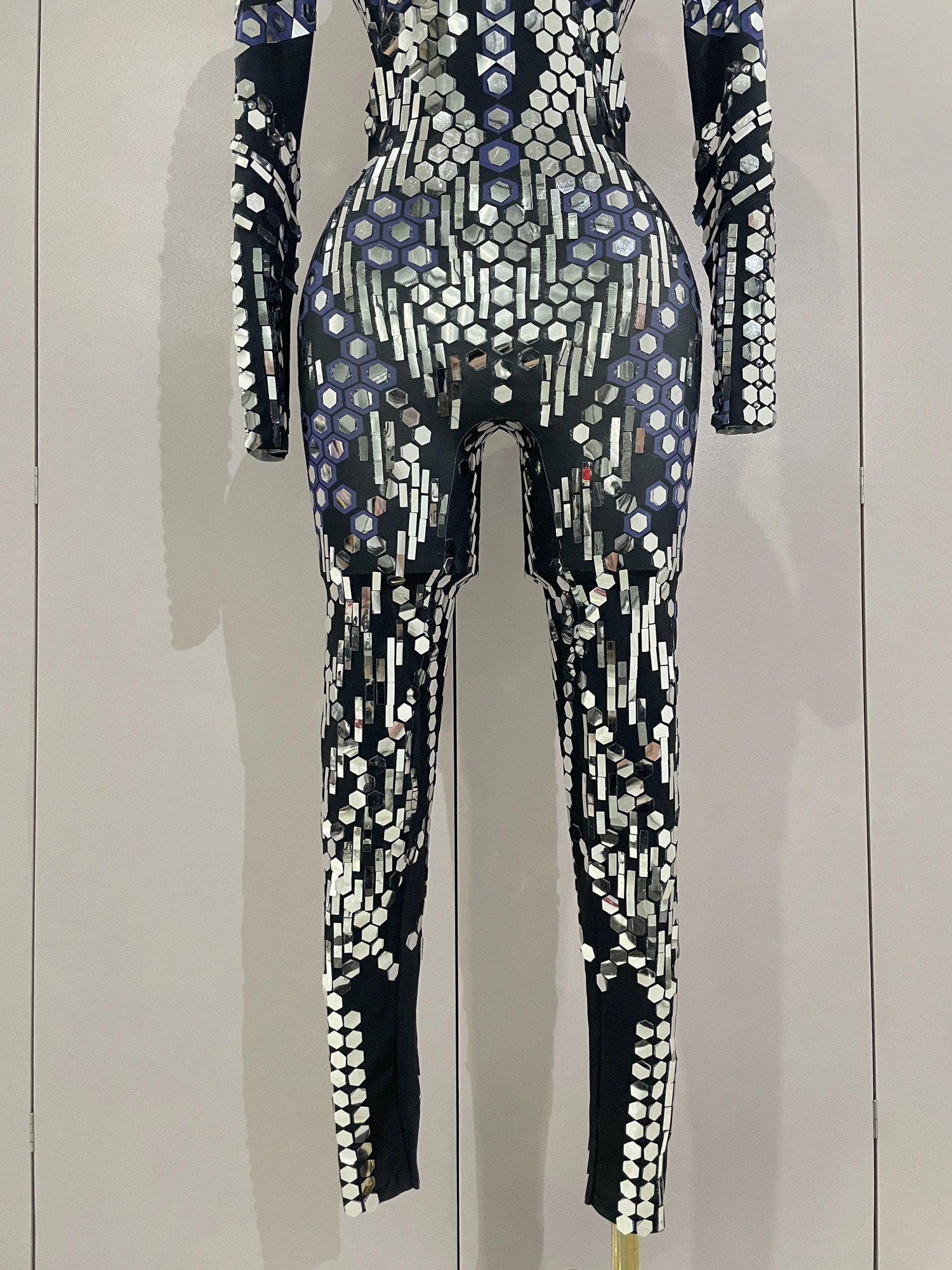 Sexy Shiny Silver Sequins Mirror Black Spandex Jumpsuit Women Prom Dancer Singer Costume Evening Birthday Show Stage Outfit 251027