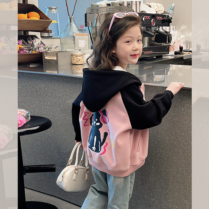 Girls' fashion sports jacket, children's color blocked cardigan, plus size children's hooded jacket, designer new style