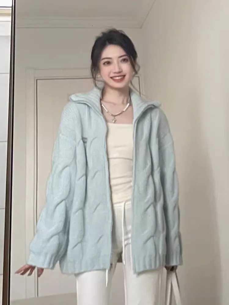 Women American Retro Blue Knitted Sweater Autumn Winter Casual Solid Y2k Cardigan Coat Ladies Sweet Fashion Outwear Tops NewT251028