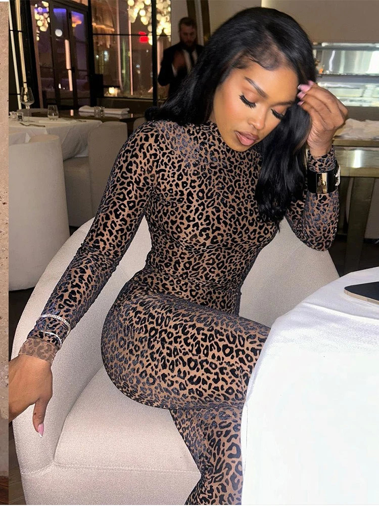 Nibber See Through Sexy Leopard Mesh Jumpsuit Women Hipster Zip Stretch Midnight Workout Autumn Fitness Street Overalls 251029