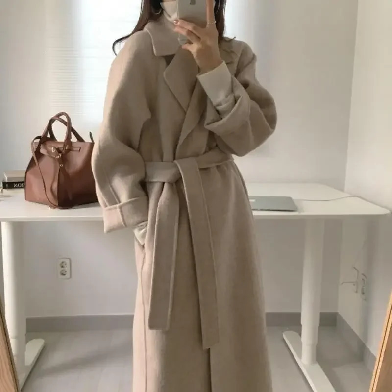 Elegant Woolen Coat Womens Autumn Winter Mid Length Adjustable Waist Thick Casual Long Sleeve Fashion Wool Coats Female 251028