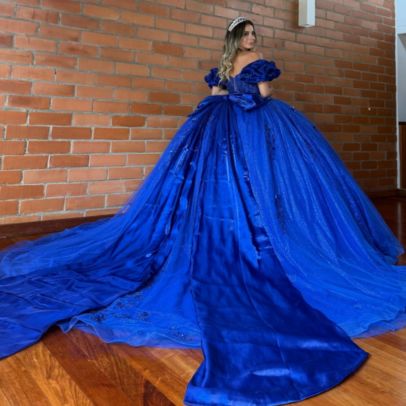 Royal Blue Shiny Quinceanera Dresses Off The Shoulder Applique Lace Beads Bow Tull Party Birthday Sweet 16 Dress Vestidos 15 de anos