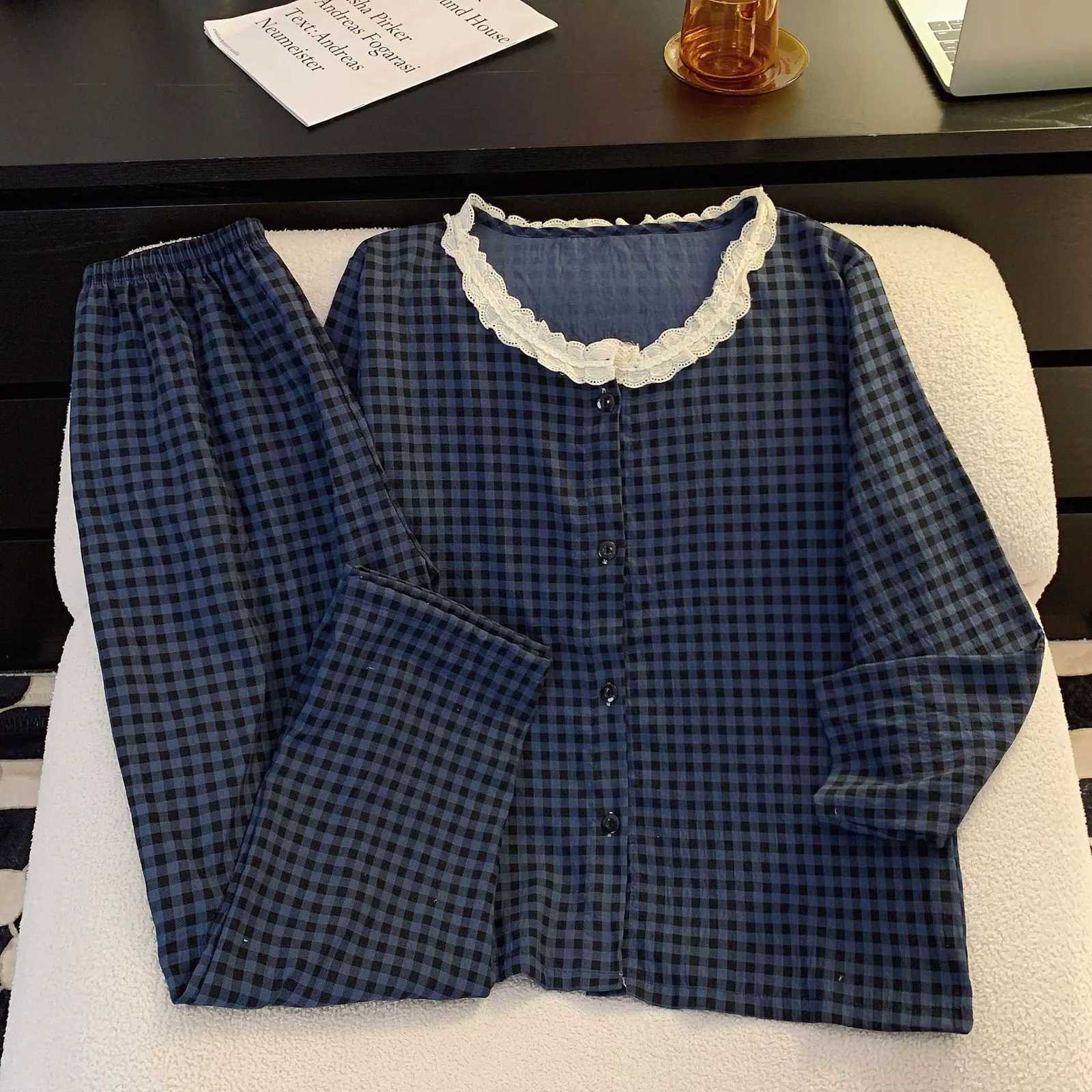 M5XL Large Size Cloud Cotton Spring Autumn Pajamas Womens Korean Students Ins Plaid Sleepwear Longsleeved Loose LoungewearT251029