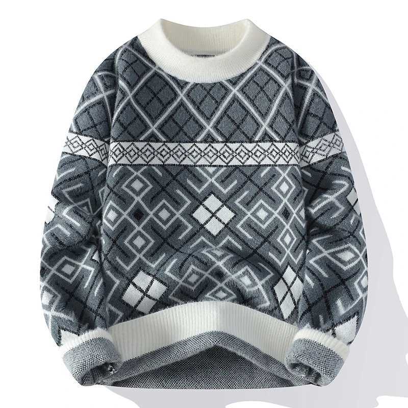 Retro Pattern 2025 Trendy Mens Knitted Sweater Fashionable AutumnWinter Round Neck Warm Top High Street Style Sweater J251029