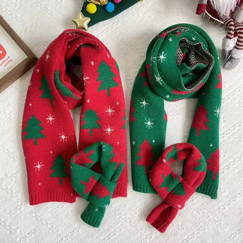 1 Pairs Christmas Tree Red Knitted Scarf Womens Match Christmas Gift Autumn and Winter Warm Neck Protection Scarf Green Scarf 251029