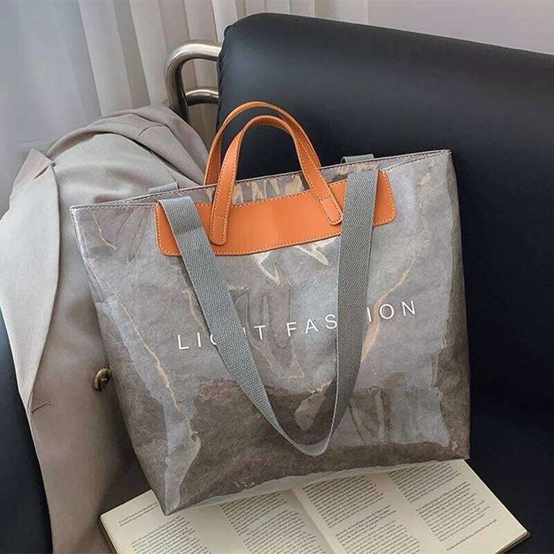 Color Contrast PVC Kraft Paper Clear Tote Bag, Vintage Hobo Shoulder Bag,Waterproof Shopper Letters Top-Handle Handbag