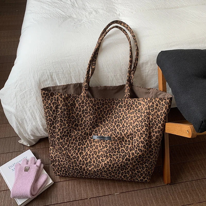 Retro Leopard Tote Handbags for Women College Class Book Shoulder Bags Casual Doublesided Female Large Shopping Bag 251029