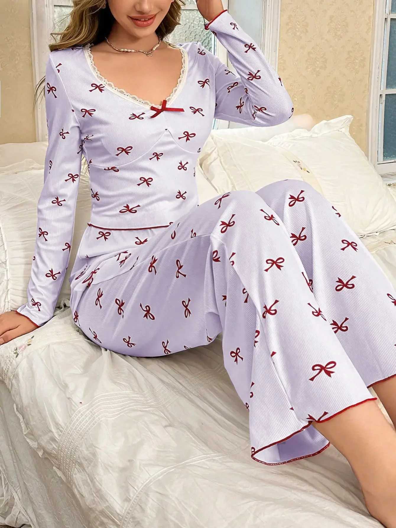 Women Winter Autumn Pajama Set Lace Trim Bows Print Long Sleeve Top FullLength Pants Sleepwear Nightwear LoungewearT251029